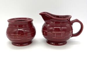 LONGABERGER POTTERY CREAM & SUGAR Set PAPRIKA RED Basket Weave USA *Missing Lid